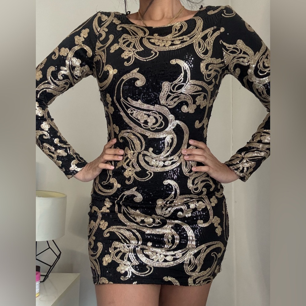 Black & Gold Sequin Bodycon Dress